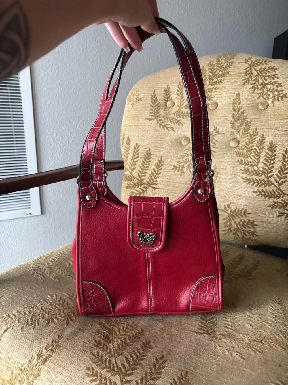 Chic Red Shoulder Bag with Heart Butterfly Emblem